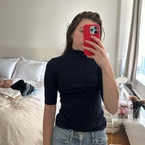 Reformation Navy Mock Neck Tee, 1/2 Sleeve, XS